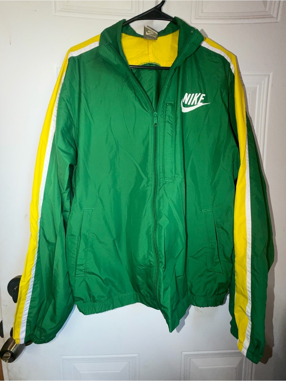 Nike Green Windbreaker Jacket with Yellow & White Stripes